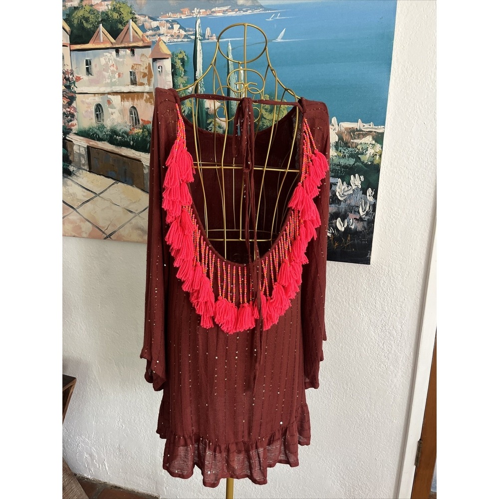 Sundress Brand Revolve Burgundy Sequin Tassel Cover Up Short Ruffle Flirty Dress